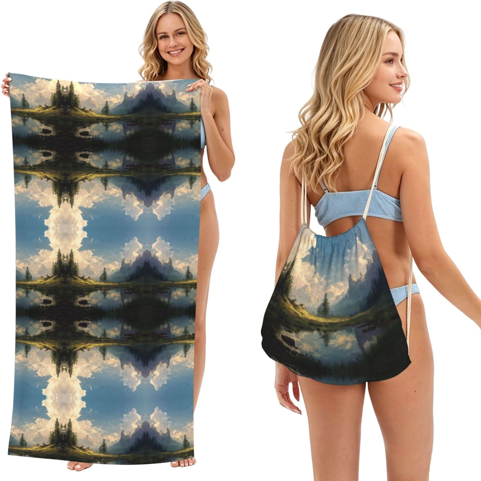 EZDLOWVBA Landscape Scenery Print Beach Towel Backpack 2 In 1 Summer Large Lightweight Beach Towel - Multifunctional Ship Pattern Towel Bag For Storage,Sport