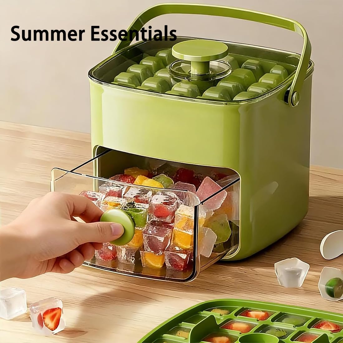 Cubitera de 48 Cubitos con Tapa de Presión Fácil, Bandeja Portátil de Doble Capa con Recipiente y Pinzas, Molde de Silicona de Liberación Rápida para Congelador (Green + Insulated Bag)