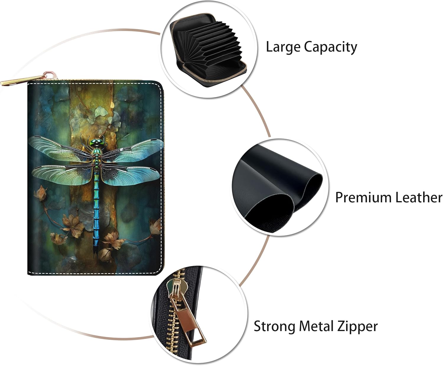 Credit Card Holder Wallets for Women, RFID Blocking Small Leather Card Case Wallet with Zipper Accordion Wallets, Dragonfly - Image 3