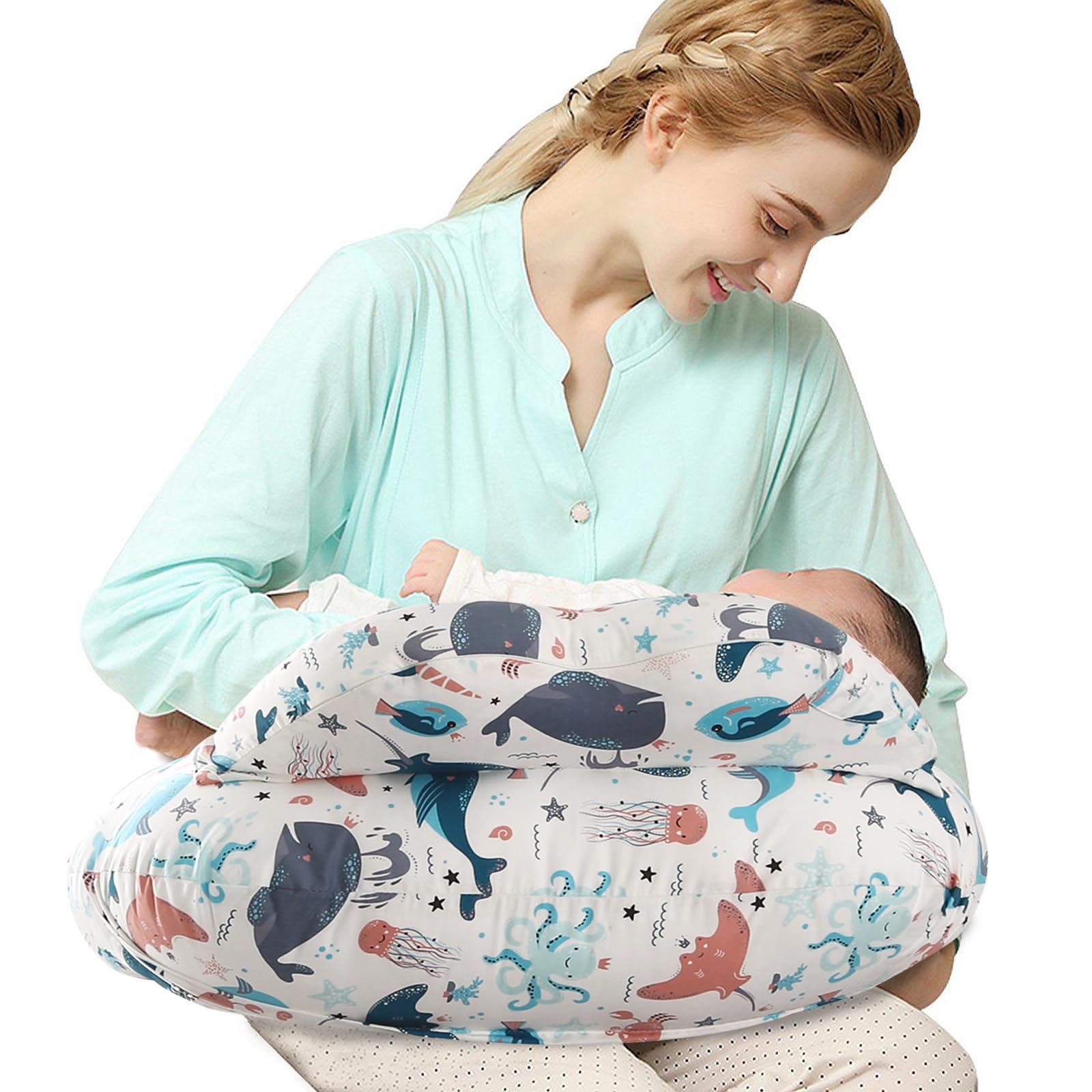 TOPCHANCES Stillkissen Stillkissenbezug Aus 100% Baumwolle Klein Für Baby,Motherhood Stilleinlagen Atmungsaktives,Herausnehmbares Und Waschbares Erstausstattung(Unterwasserwelt 65×55cm)