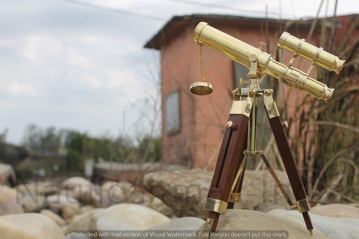 Brass Telescope with Adjustable Wooden Tripod Stand Vintage Brass Double Barrel Telescope with Wooden Tripod Stand, Decorative Nautical