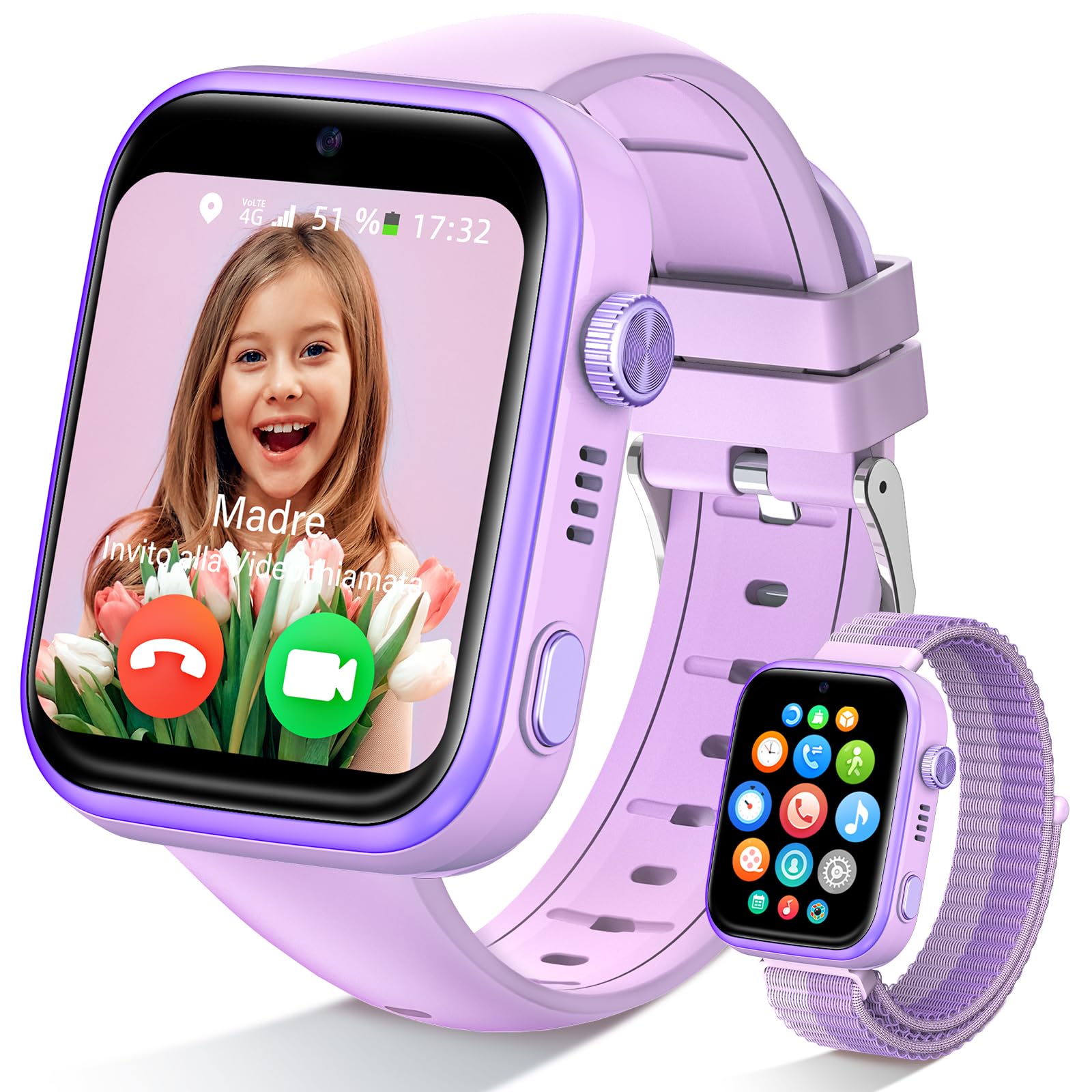AKUMAKA Reloj Inteligente Niña 4G, IP68 Impermeable Smartwatch Niña con GPS y Llamadas, Videollamada, Whatsapp, SOS, Modo Clase, 5 Modos Deportivos, Podómetro, Reloj Inteligente Niña con SIM, Violeta