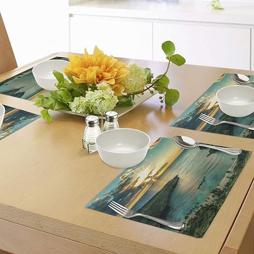 Miniatura 4 de Ambesonne Hawaiian Place Mats - Juego de 4, Sunrise Over Hanauma Bay Oahu Hawaii Sunbeams Through Clouds Shoreline, manteles individuales de tela