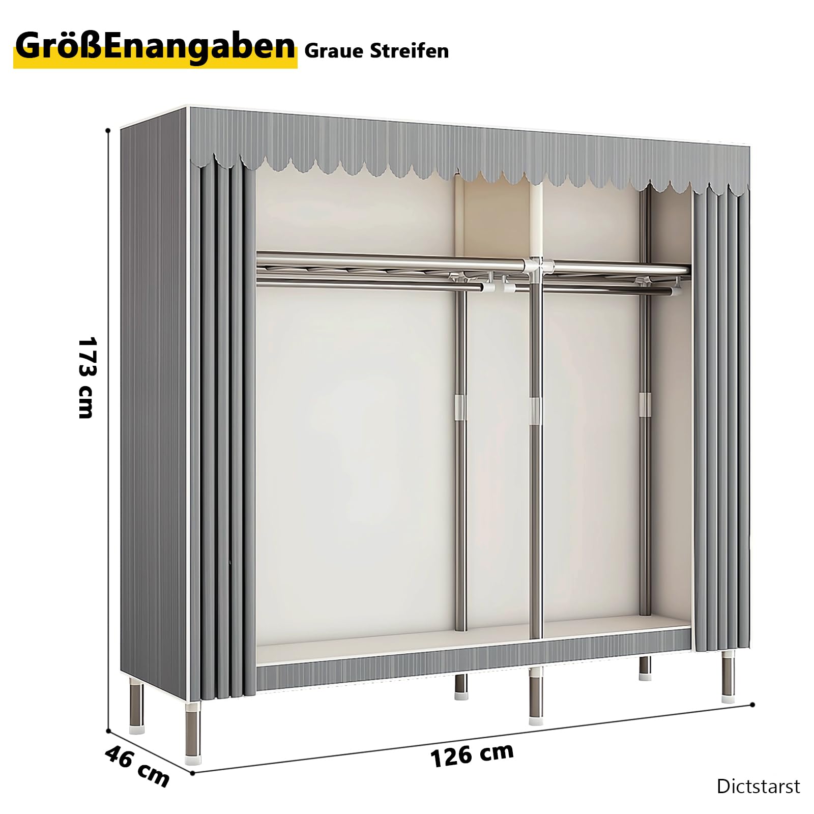 Kleiderschrank Stoffschrank Stabil, Stoff Faltschrank Für Schlafzimmer Mit Kleiderstange & Ablagen, Ankleidezimmer Garderobe Mit Kleiderständer 126x46x173cm Graue Streifen