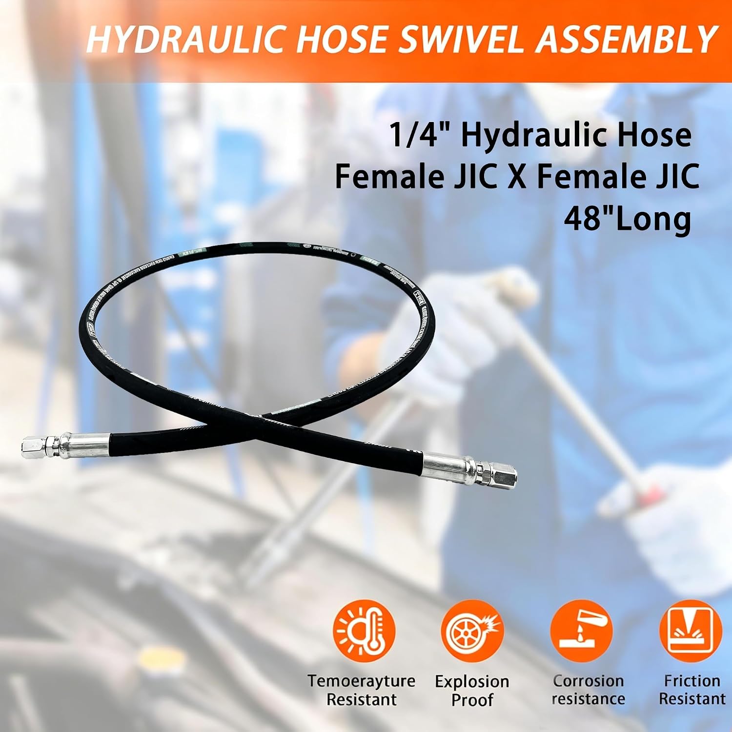 Autovo Hydraulic Hose Swivel Assembly 1/4" Hydraulic Hose with Female JIC X Female JIC 48" Long 5800 psi, Black