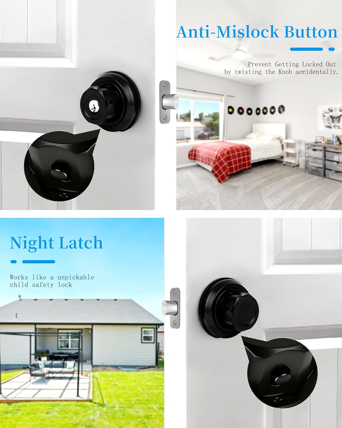 Twist to Lock Deadbolt Lock Without Any Keys with Anti-Mislock Button Front Door Lock Door Knob Set with Single Cylinder Stainless Steel casiting Promise Never Rust Night Latchenchanced Safety Silver