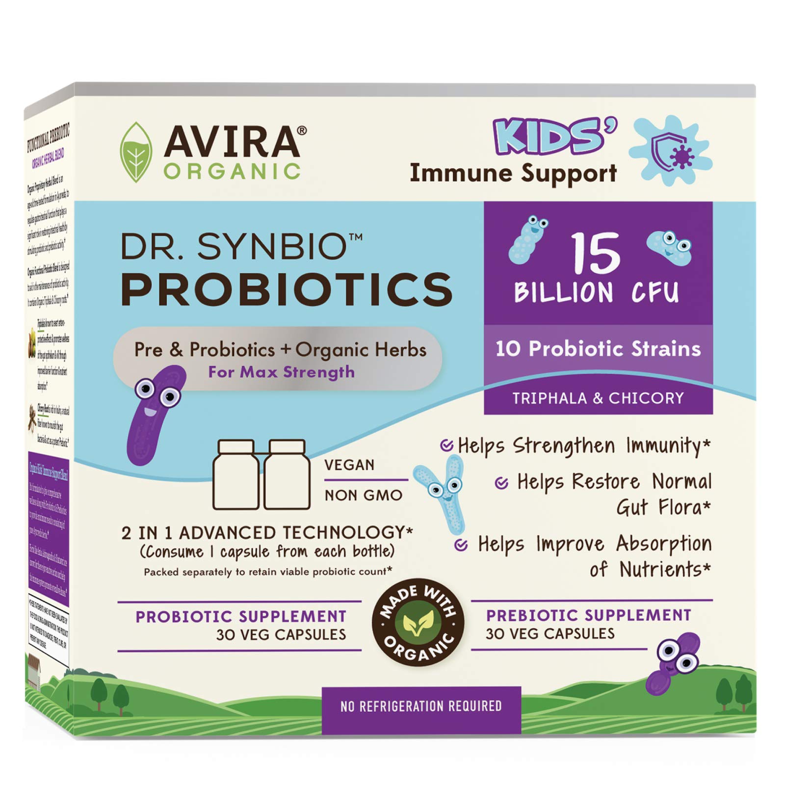 Dr. Synbio Kids’ Immune Support Probiotics & Organic Prebiotics – Triphala & Chicory, 10 Billion CFU & 10 Multiple Strains, Helps Restore Normal Gut Flora & Improve Absorption, Delayed Release