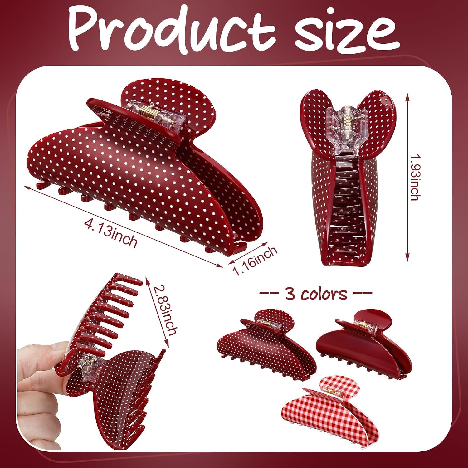 3 Pack 4.2 Inch Red Colors Large Acrylic Claw Clips, Strong Hold Hair Claw Cute Hair Clips Barrettes for Thick Thin Hair