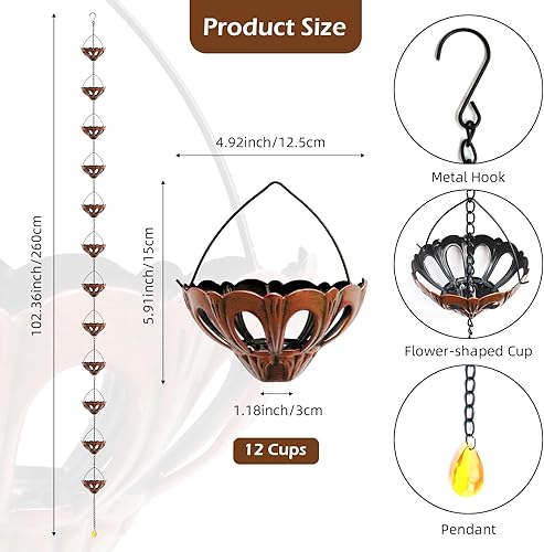 Miniatura 3 de Cadena de lluvia de hierro forjado hecha a mano de 8.5 pies, diseño de copa de loto con colgante acrílico (azul, rojo, negro) (bronce)