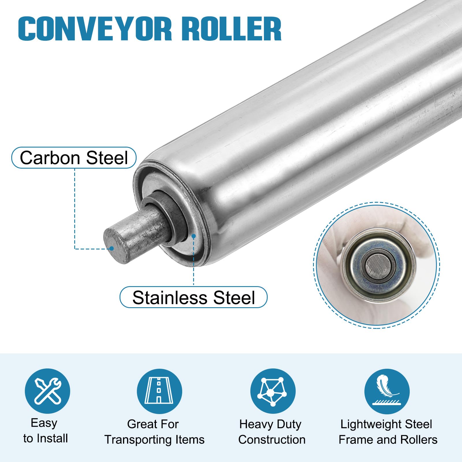 sourcing map Lot de 2 rouleaux de convoyeur en acier inoxydable 3,8 cm de diamètre, 50,8 cm de long, pièce de rechange pour transmission par gravité, extrémité galvanisée (argenté)