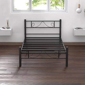 wOod-it Metal Platform Bed Frames with Headboard No Box Spring Needed Easy Assembly Vintage Bed Sturdy Metal Slat Support - Black Twin