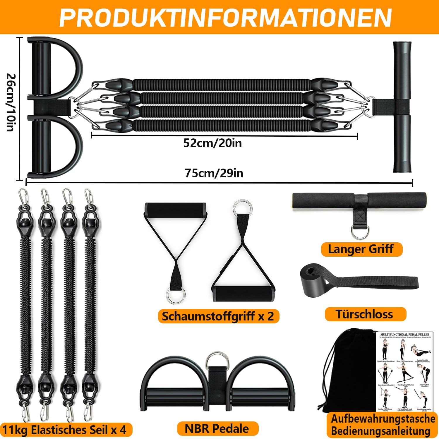 2026 Widerstandsband mit Griff Set, 45kg Einstellbar Sit-Up Trainingsgerät, 4-Rohr Pedalwiderstandsgerät Resistance Bands mit Trainingsanleitung - Bauchtrainer Fitnessgeräte für Zuhause