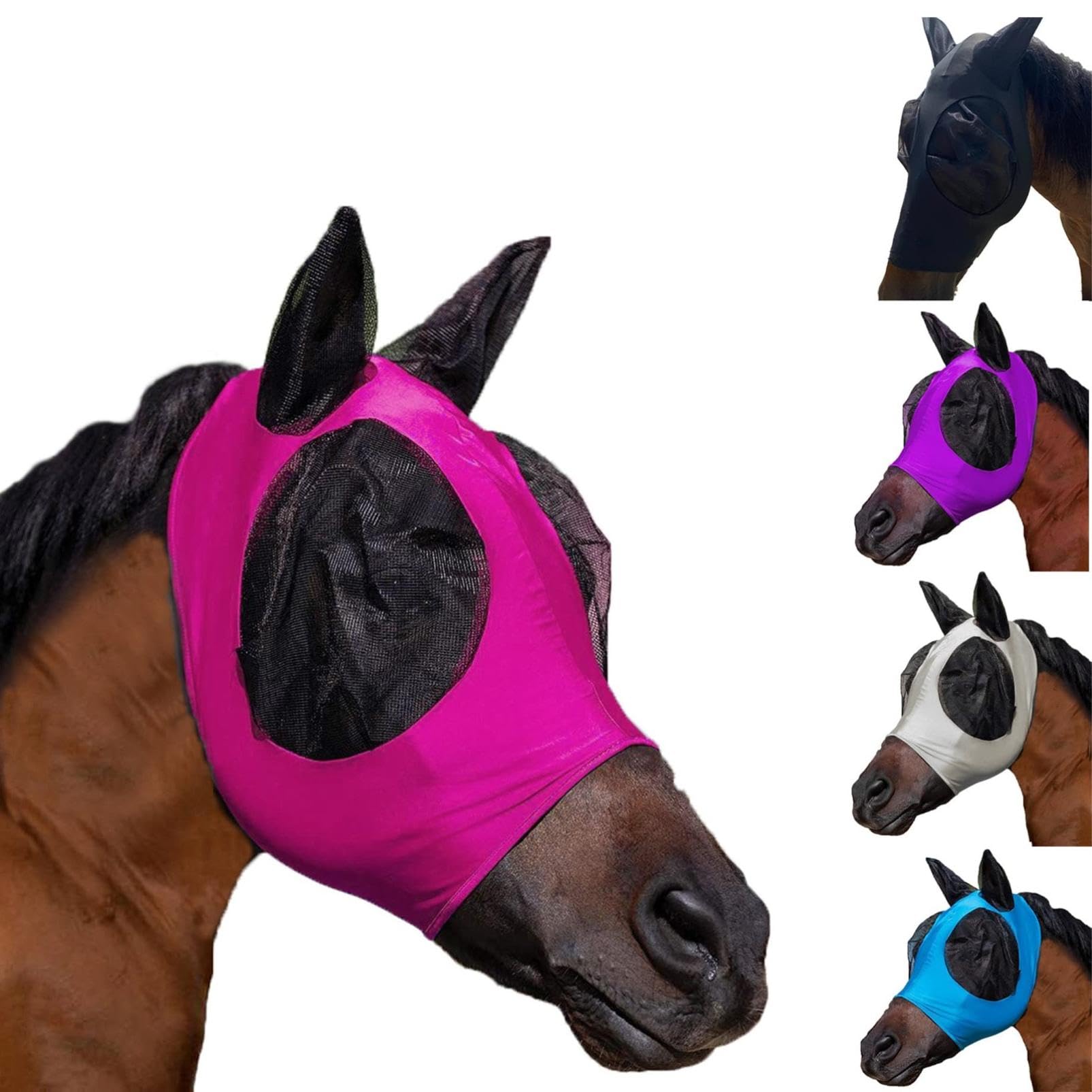 Masque anti-mouches pour chevaux avec oreilles, lycra respirante, protection UV, 3 pièces
