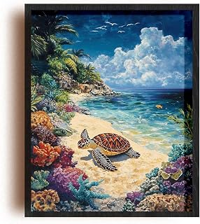 (Unframed) (8x10 Inch) Satin Wall Art Print Of Abstract Expressionism Poster: Turtle hatching on a sandy beach at a bustling coral reef - Eco-Friendly Poster, Custom Decor for Home, Office, Bedroom,