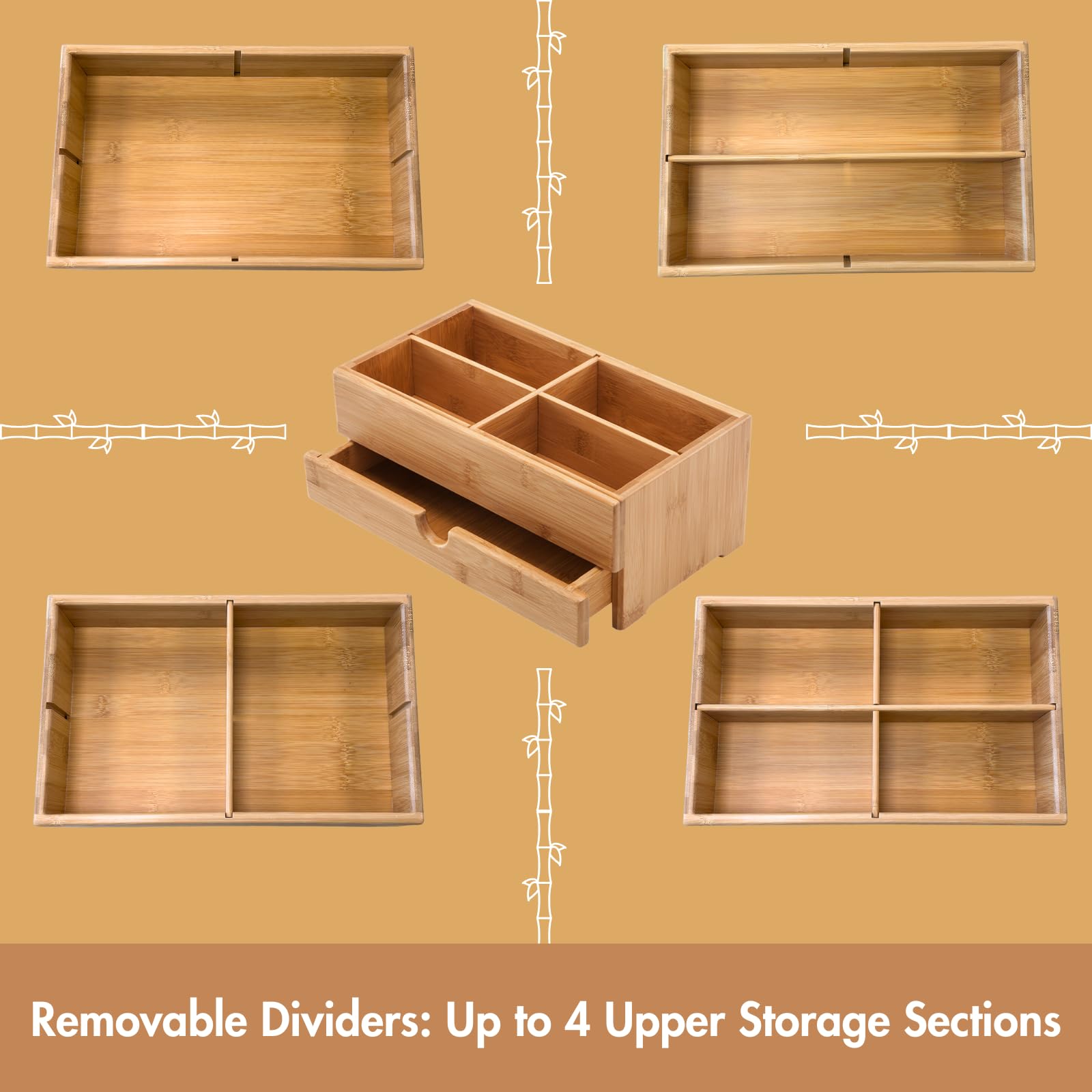 GOBAM Bamboo Makeup Storage Drawer Organizer with Removable Dividers