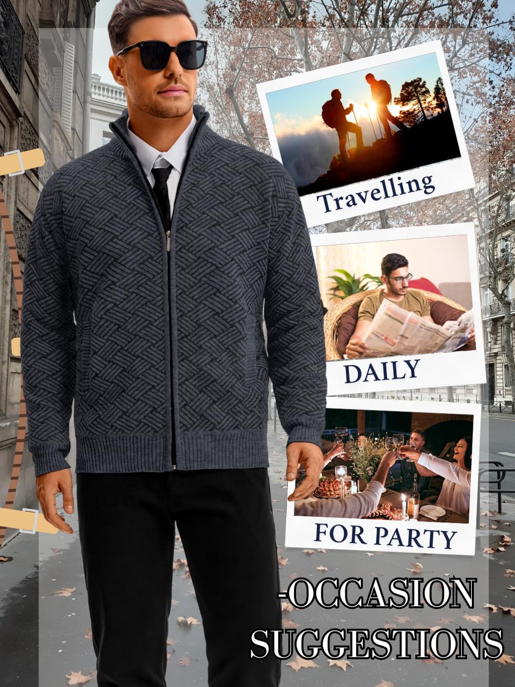 Mens Zip Up Sweater,Textured Fleece-Lined Cardigan Sweaters,Casual Stand Collar Jacket - Image 2