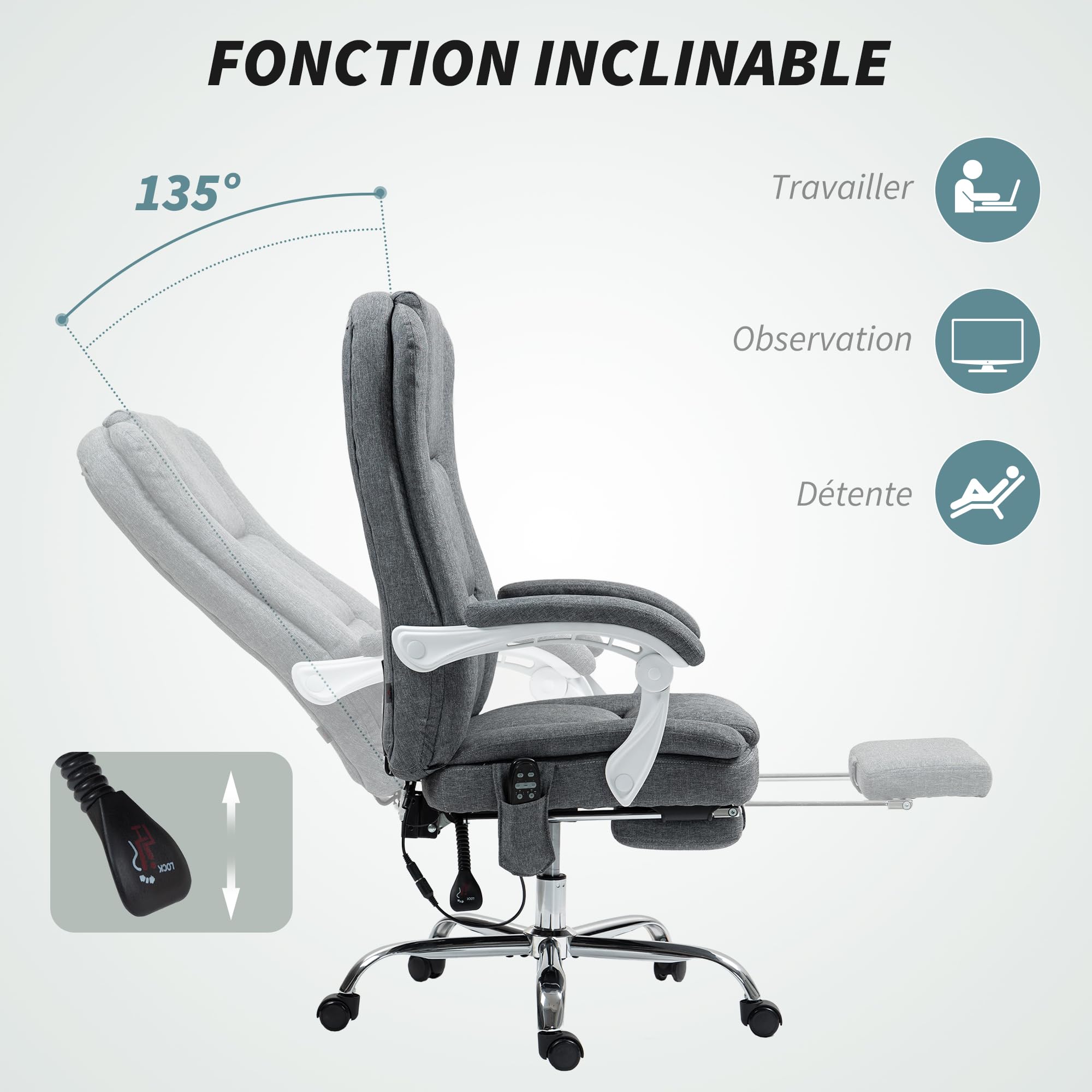 HOMCOM Fauteuil de Bureau massant et Chauffant, Hauteur réglable, Gris
