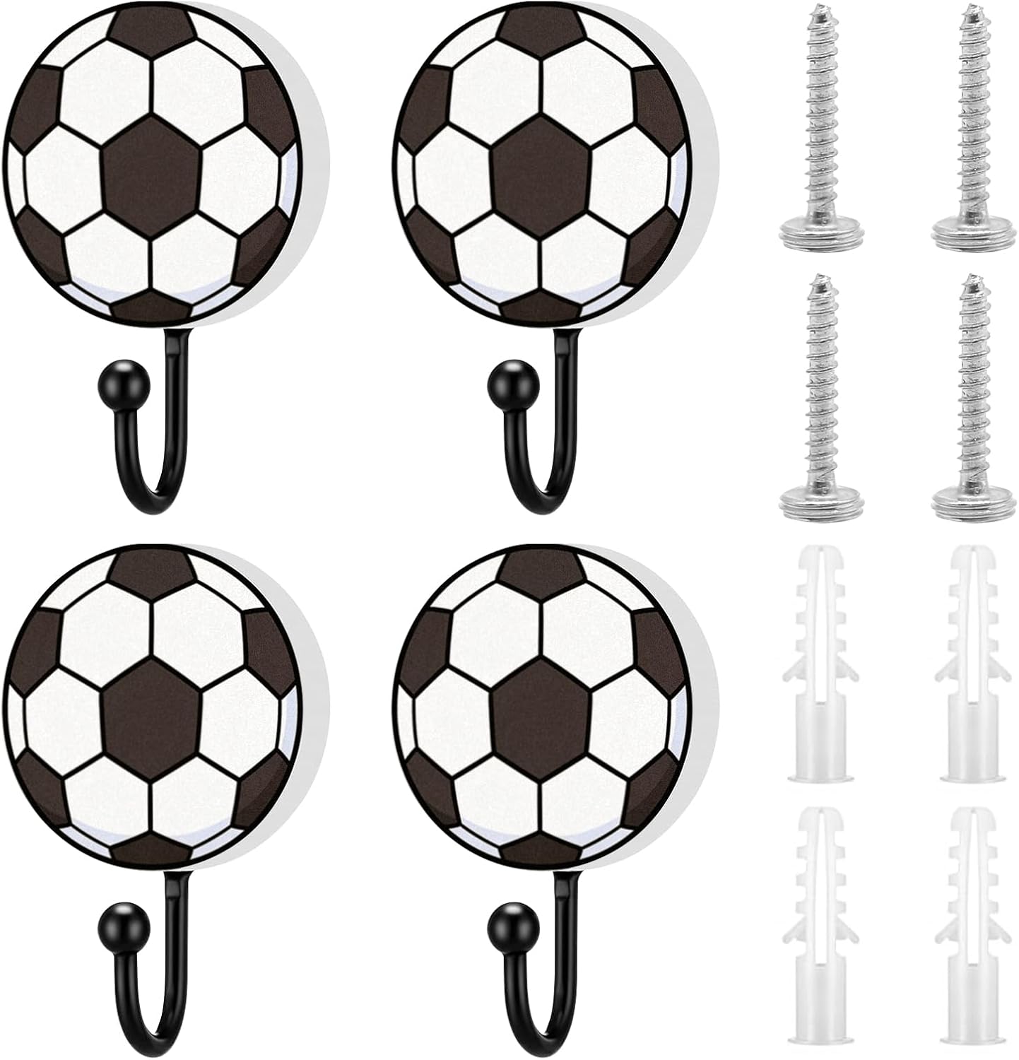 4Pcs Soccer Wall Decor Set, Sports Themed Coat Hooks for Hats, Backpacks, Scarves & Room Organization, Wooden Pattern Hooks with Screws for Boys Room Decor