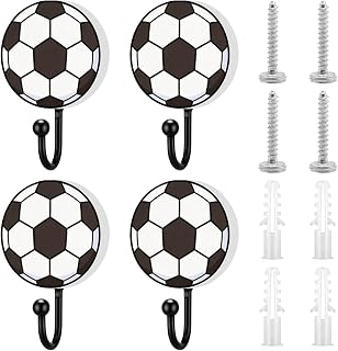 Juego de 4 ganchos de pared con temática de fútbol: ganchos de madera con tornillos para decorar habitaciones de niños, percheros con temática deportiva para sombreros, mochilas, bufandas y organizar