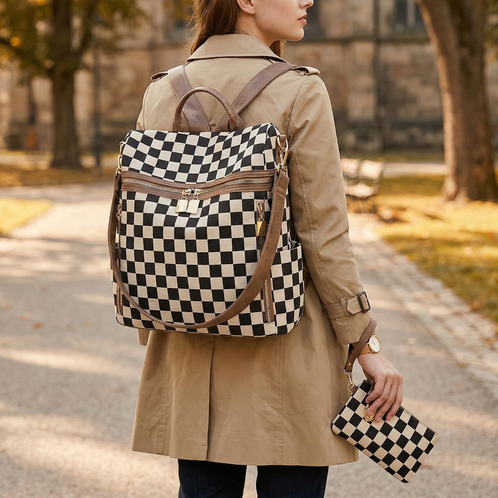 Zaino a quadri da donna piccolo zaino con tasche multiple grande borsa tracolla regolabile da viaggio lavoro