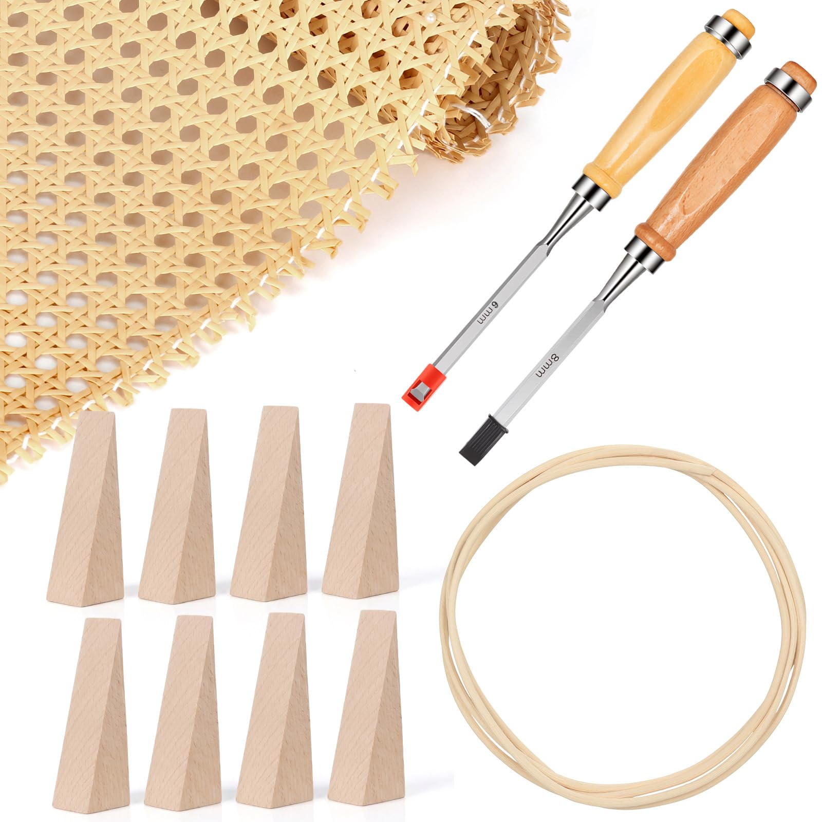 Photo 1 of 12 Pcs Rattan Repair Kit with Cane Webbing Roll, 3/16 Inch Rattan Webbing, 2 Caning Chisel, 8 Wooden Wedges, Furniture Caning Repair Supplies for Chair, Cabinet, Basket and Home Repair