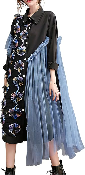 ellazhu Womens Dress Vintage Elegant Lapel Long Sleeve Oversize Patchwork Embroidered Flowy Hem Button Down GZ631 A