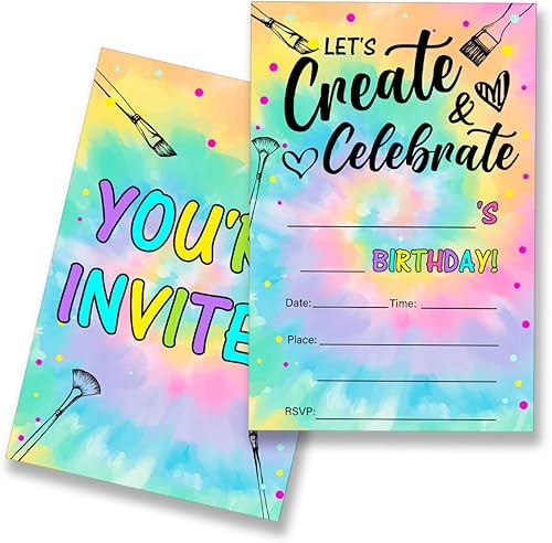 EUDOSI Tie Dye Art and Craft Let's Create Painting - Invitaciones para fiesta de cumpleaños, juego de 20 con sobres, tarjetas de invitaciones de
