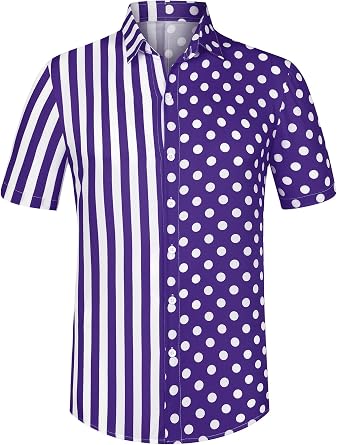 Lars Amadeus Mens Aloha Shirt, Summer, Striped Shirt, Polka Dot, Short Sleeve Top, Button, Patchwork, purple, S