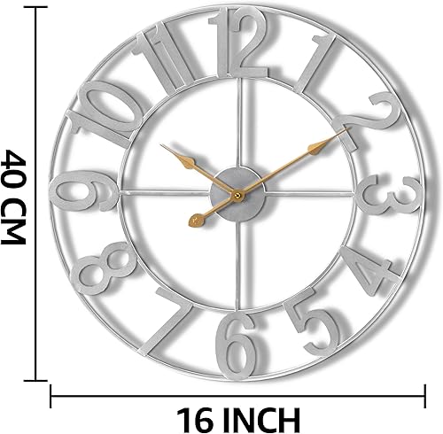Miniatura 3 de Sorbus Reloj de pared grande de 16 pulgadas, reloj decorativo de metal plateado con manecillas doradas, silencioso, funciona con pilas, decoración