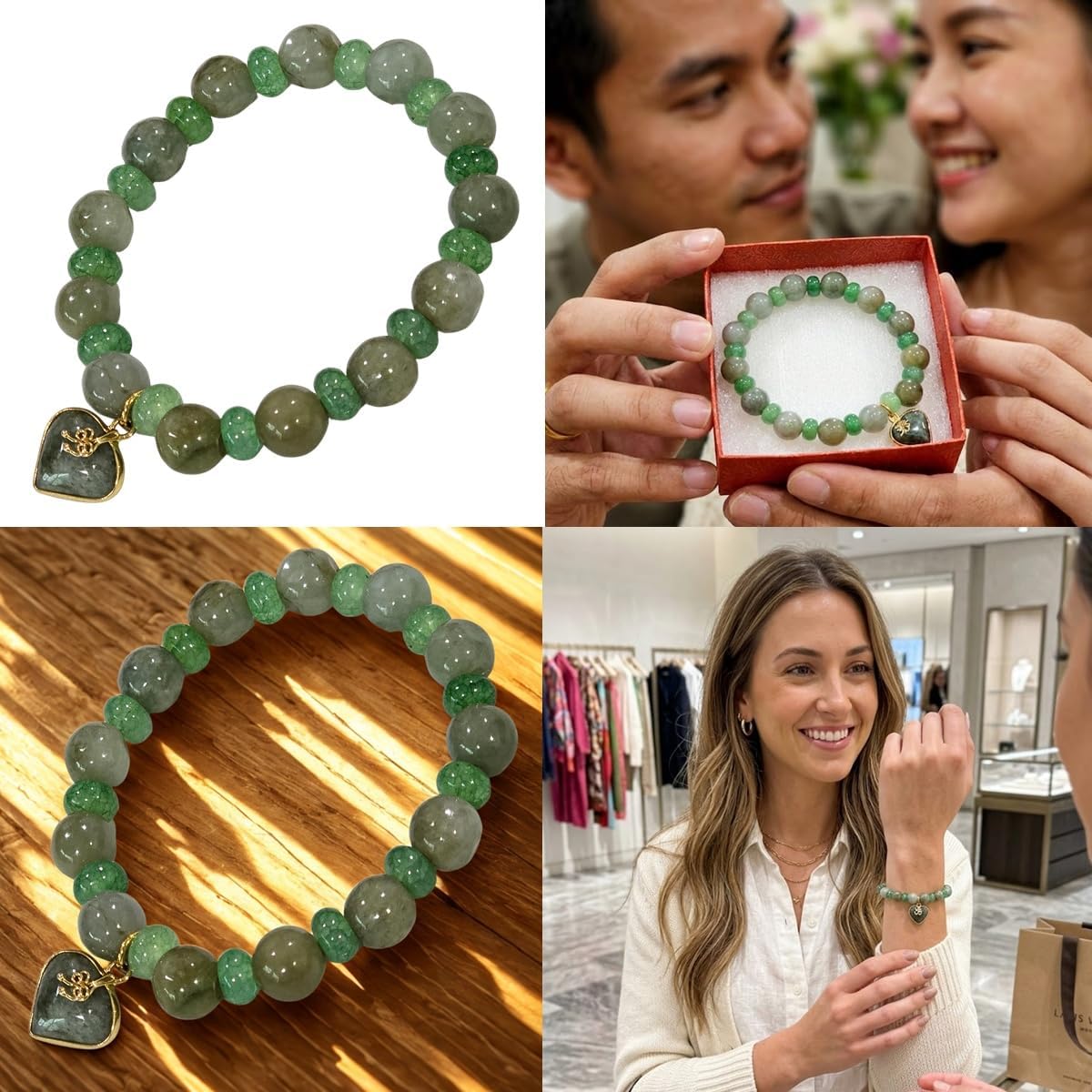 Natural Jade Beaded Stretch Bracelet with Gold Heart Charm, Green, 6.75-7.75 in, for Women Men, Feng Shui Luck Wealth Protection, Gift Set with Red Box