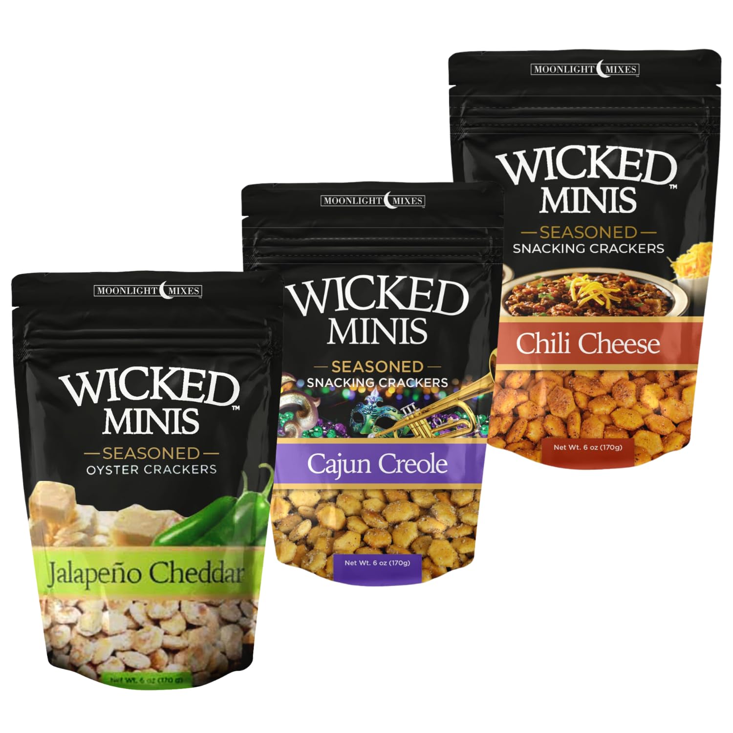 Wicked Minis Soup & Oyster Crackers-Saltine Crackers Salted Flavored Mini Puffed Soup Crackers Savory Snacking Mix Seasoned Croutons Salad Toppers Crackers For Chili 6oz Garlic Parmesan Pack Of 3