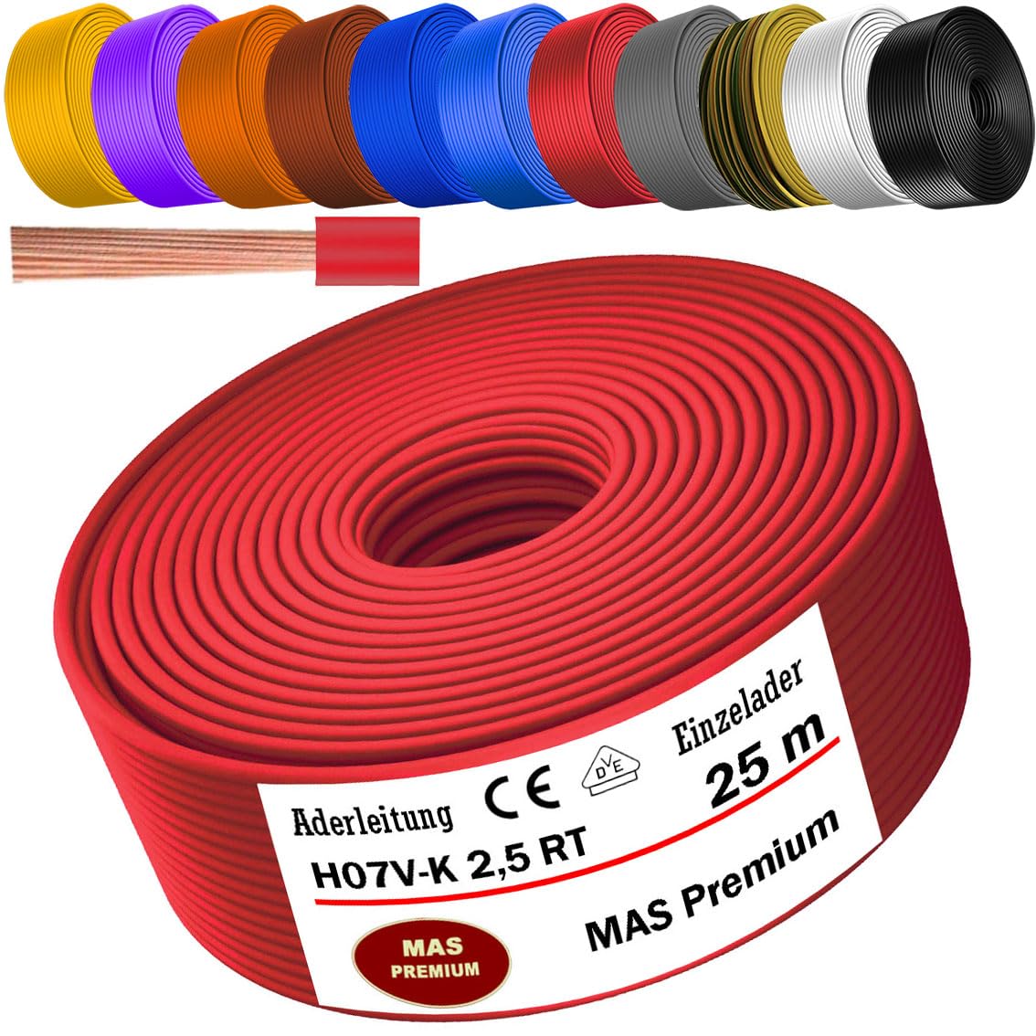 MAS Premium Câble conducteur H07 V-K 1 x 2,5 mm² HBL GRGE RT DBL BR OR GR WS VIO ou GE - Fil unique flexible de 5 à 100 m (rouge, 25 m)