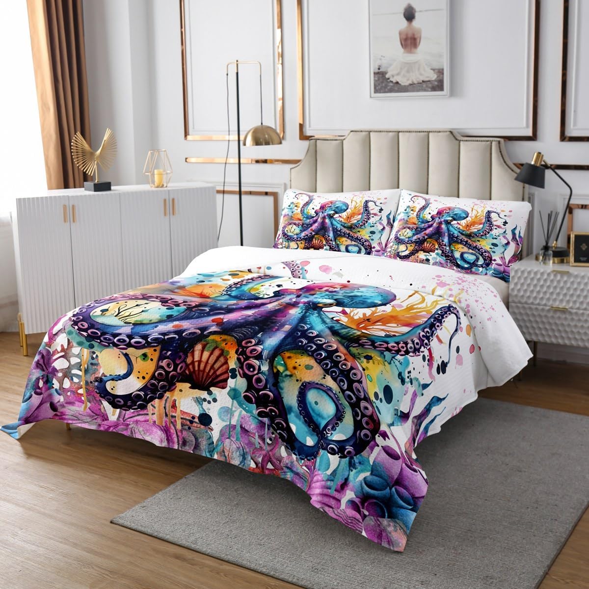 Feelyou Octopus Bedspread for Kids Boys Girls Ocean Kraken Quilted Coverlet Twin Size Tentacles Coverlet Set Bedroom Decor Sealife Sea Animal Quilted 2Pcs