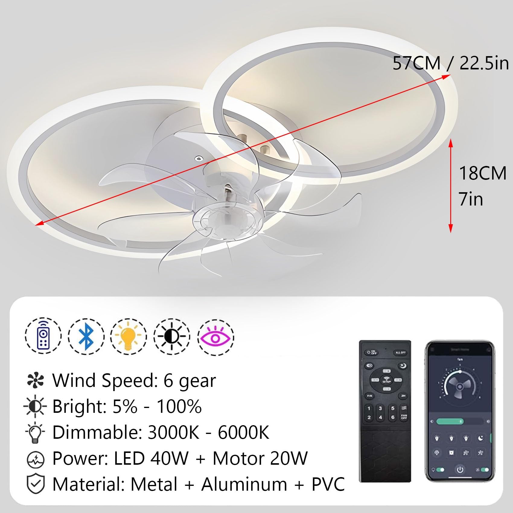 Deckenventilator mit Beleuchtung LED Deckenleuchte mit Ventilator Leise Dimmbar, 6 windigkeit, Smart APP, Timer, Modernes Design für Wohnzimmer Schlafzimmer Küche 57CM