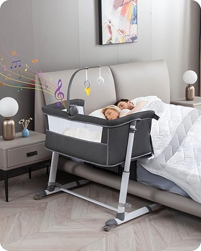 Yacul - Cuna para bebé, cama con ruedas y caja de música, altura ajustable para altura de la cama de 19 a 26.5 pulgadas, portátil, gris oscuro