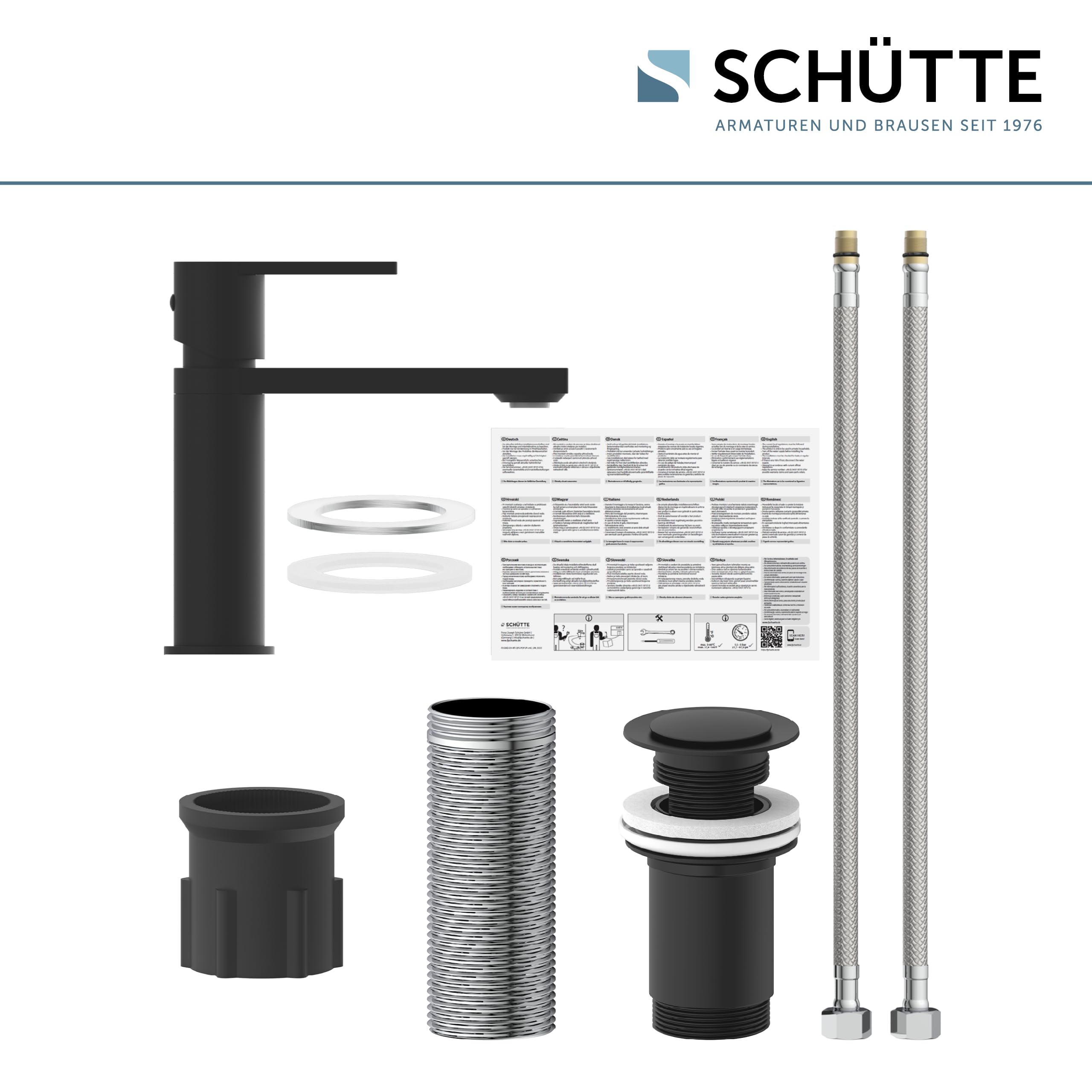 SCHÜTTE MANHATTAN 33016 bateria umywalkowa łazienkowa z zestawem odpływowym, jednouchwytowa bateria łazienkowa z korkiem odpływowym, bateria mieszakowa, umywalka, czarna