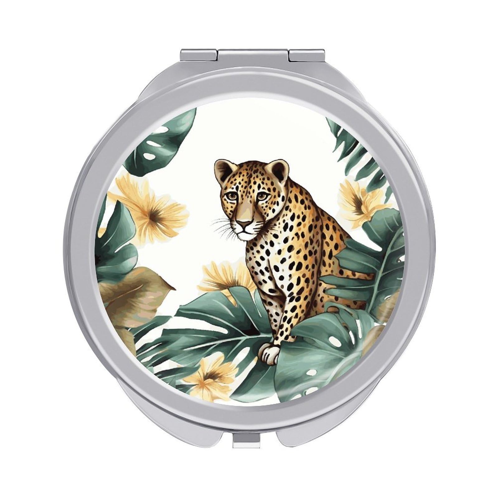JTREHY Leopard and Palm Leaves Makeup Mirror Portable Folding Mirror Compact Travel Mirrors 2-Sided Round Pocket Mirrors Cute Handheld Beauty Mirror for Handbag Purse for Women Gift