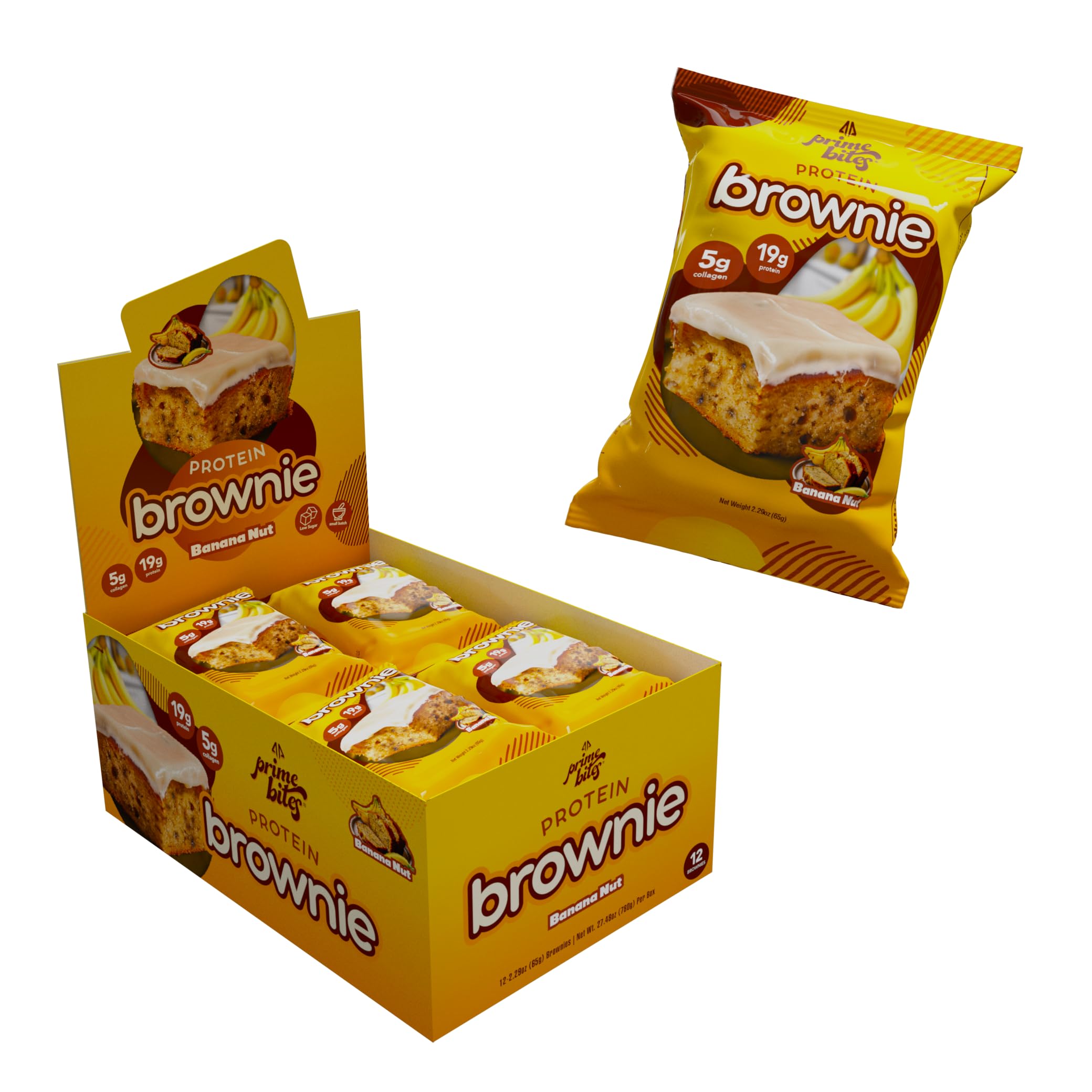 Prime Bites Protein Brownie, High Protein, Collagen Fortified Low Sugar Treat, Delicious Snack - 12 Bars per Box (Banana Nut)