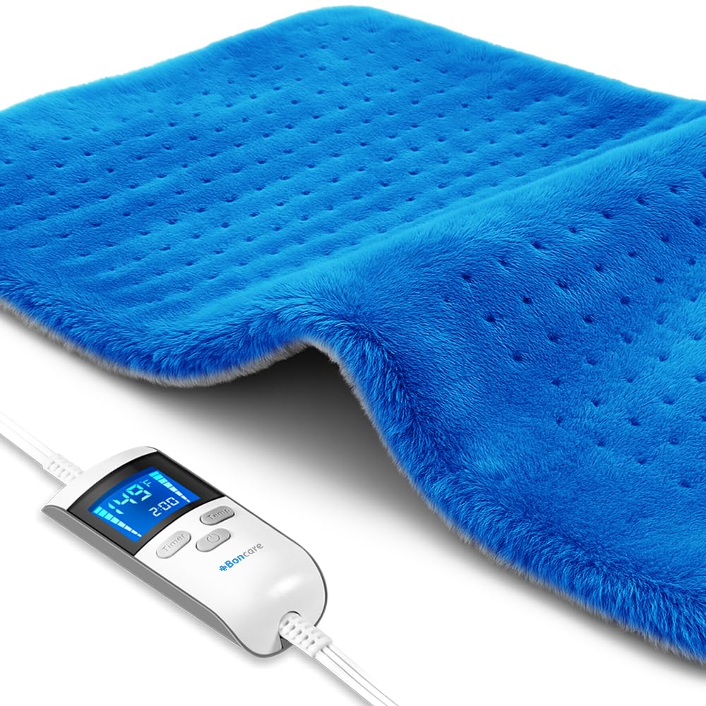 Boncare® LCD Digital Control Electric Heating Pad for Period Cramps and Back Pain Relief Large Size, 6 Timers Auto Off & 6 Temp Settings, Super Soft Heat Pad Moist/Dry Natural Therapy (Blue, 12"x24")