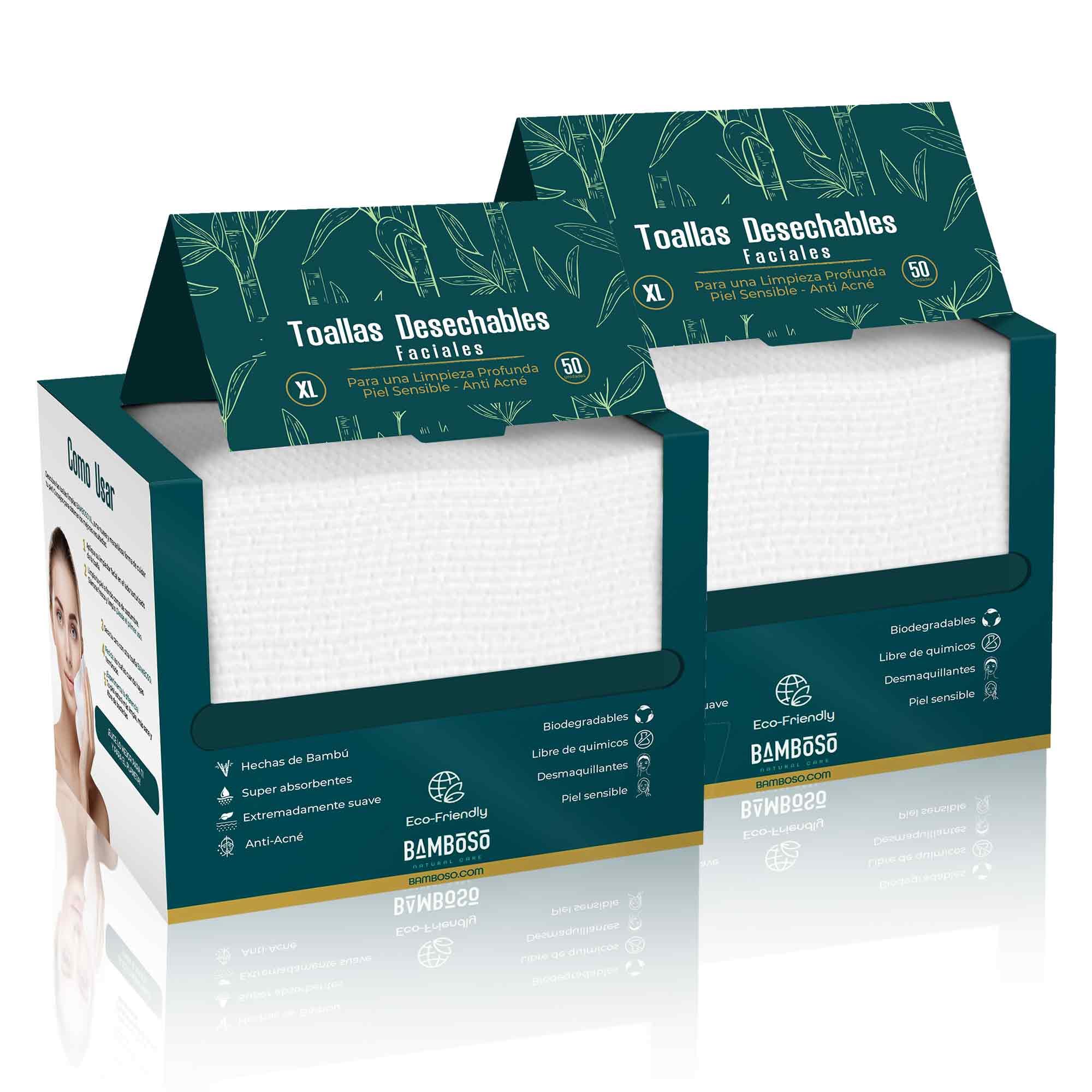 BAMBOSO Biodegradable Bamboo Disposable Facial Towels for Sensitive Skin Box 50 Count XL Large Size, 2 count (Pack of 100)