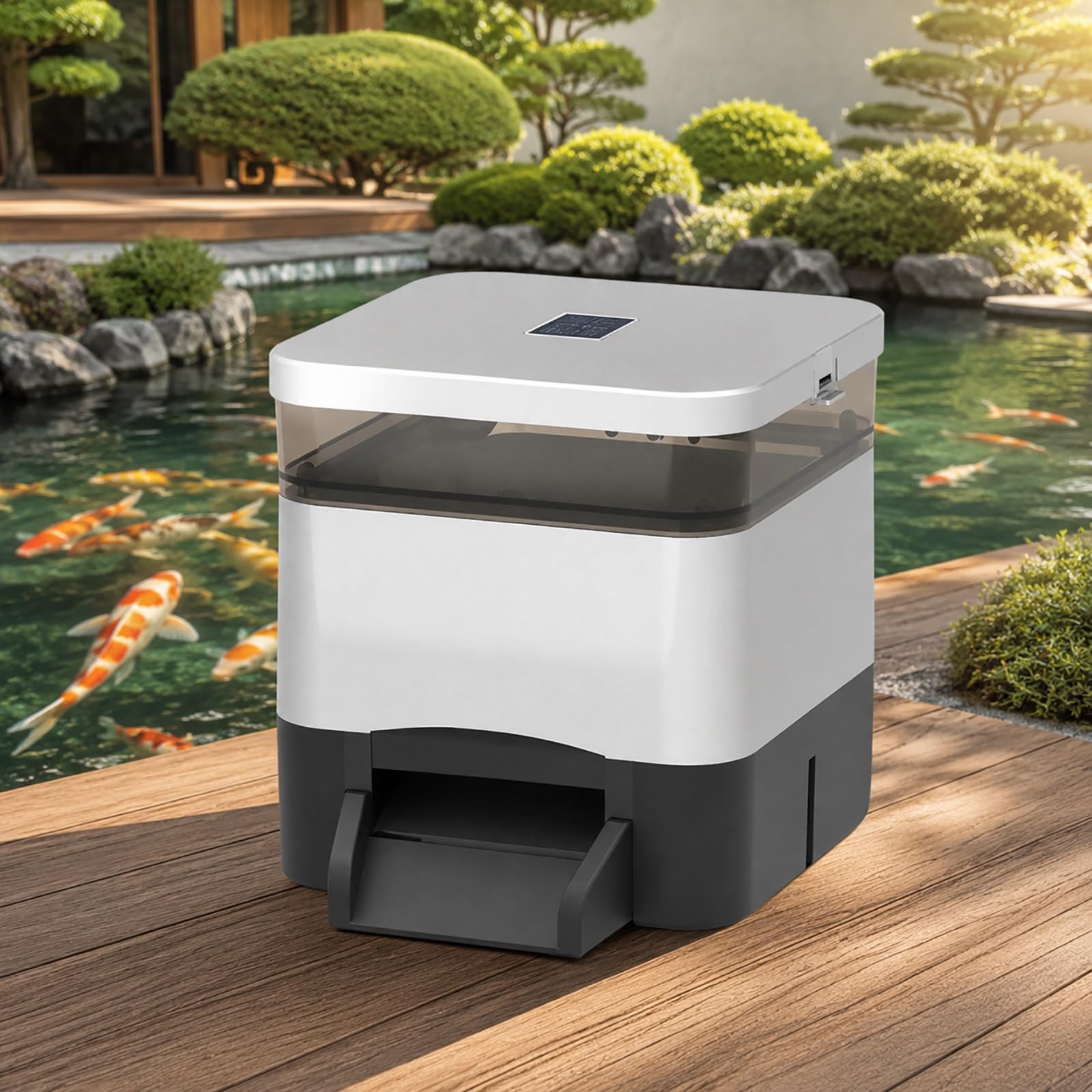 Mangiatoia per Pesci da Laghetto 4 L - Distributore Solare per Pellet e Mangime in Bastoncini Silver