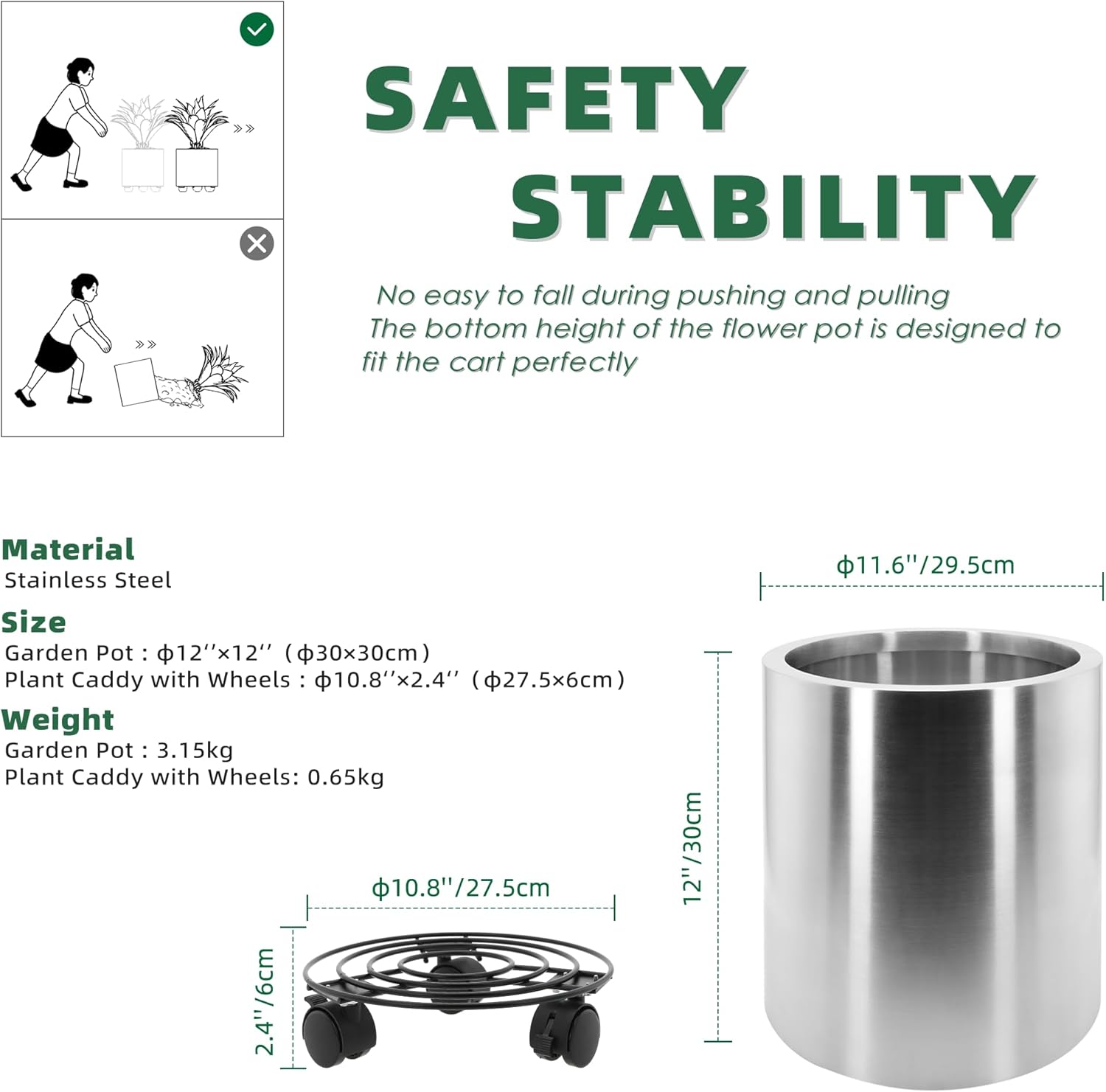Longrun 11.8 Inch Dia Round Planter, Modern Indoor Outdoor Large Stainless Steel Plant Pot and Plant Caddy with Wheels for Home Patio Garden, Easy to Clean and Move