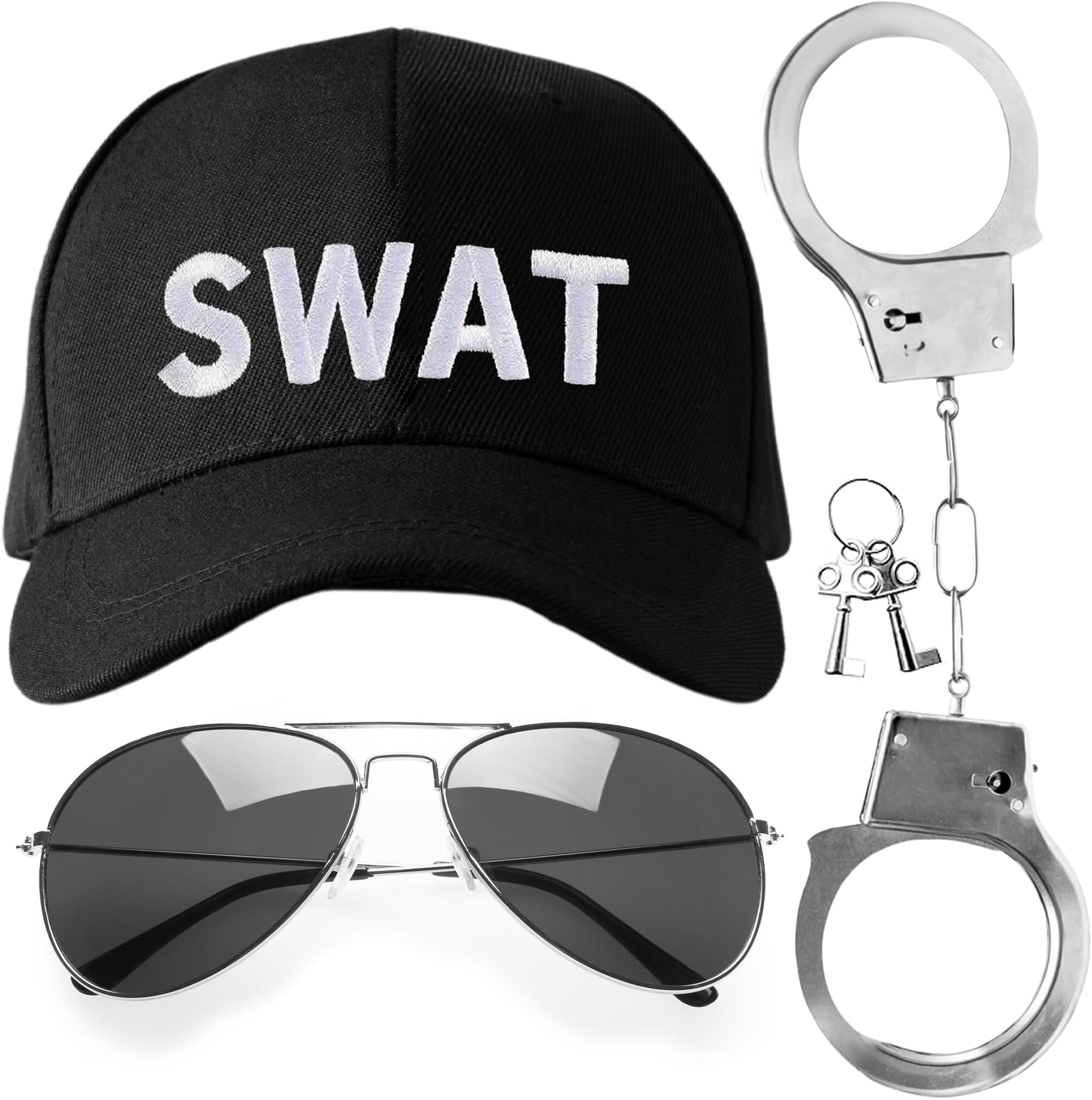 3pc Swat Costume Accessories - Swat Costume Adult Including Police Hat, Metal Handcuffs, Aviator Sunglasses Fancy Dress for Adults Men and Women Cops and Robbers Halloween Outfits