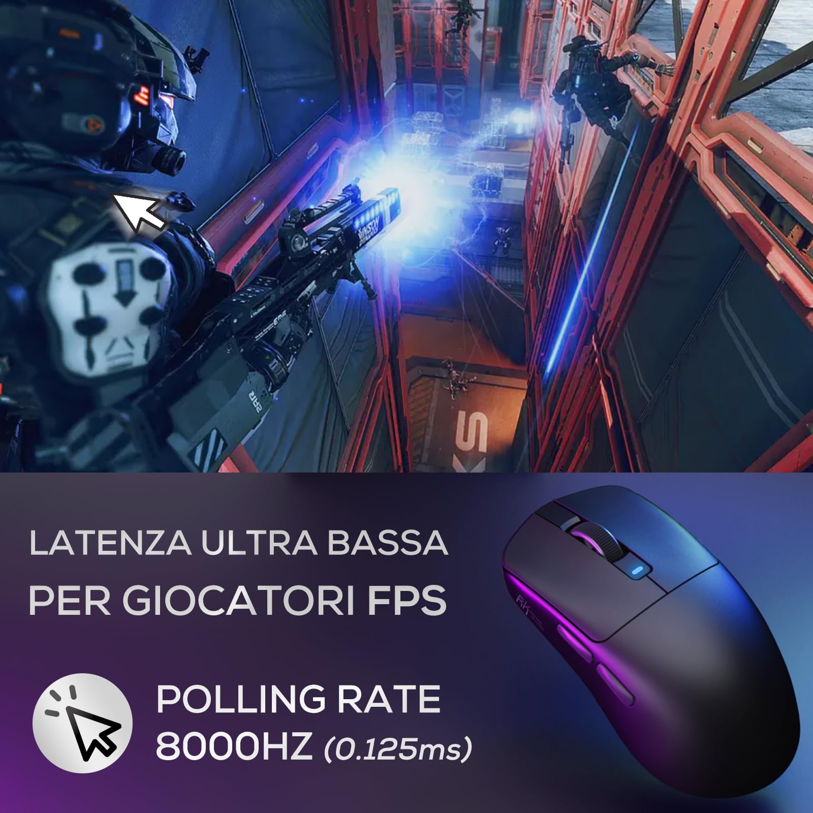RK ROYAL KLUDGE M3 Mouse Gaming Wireless Ultraleggero 47g, Sensore PAW3950 42000 DPI, Mouse Wireless 8K BT/2.4G/USB, 5 Pulsanti Programmabili, Design Ergonomico, Batteria 650mAh per PC/Console, Nero