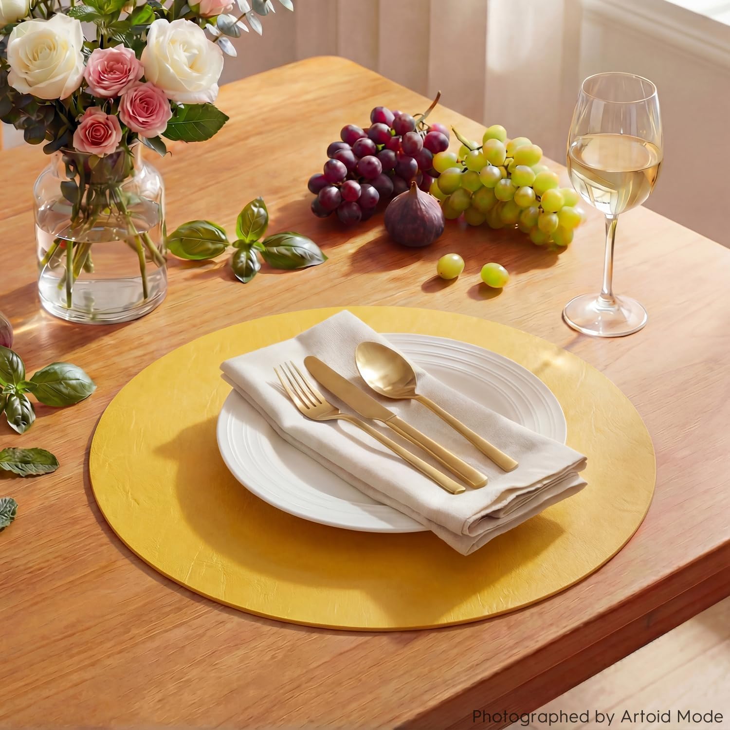 Artoid Mode Set di 6 Tovagliette Rotonde in Finta Pelle Giallo 38 x 38 cm, Antimacchia Resistenti al Calore, Decorazione per la Cucina