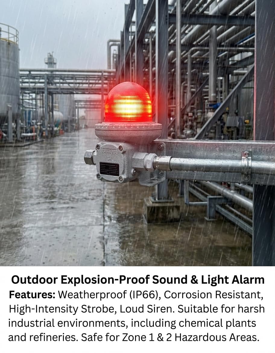 Las luces de advertencia a prueba de explosiones 120 dB 180 dB CC 24 V se pueden utilizar en zonas peligrosas como gasolineras, estaciones de aceite, luz de alarma a prueba de explosiones
