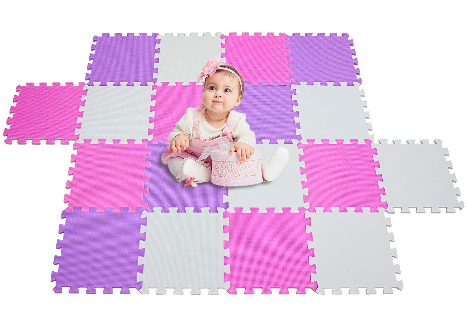 MSHEN–18PCS Foam Play Mat Tiles|Interlocking Floor Mats for Children|Multicoloured Foam Floor Tiles| children jigsaw tiles playmat .Size 1.62 Sqm Baby play mat. white-pink-purple-010311g18