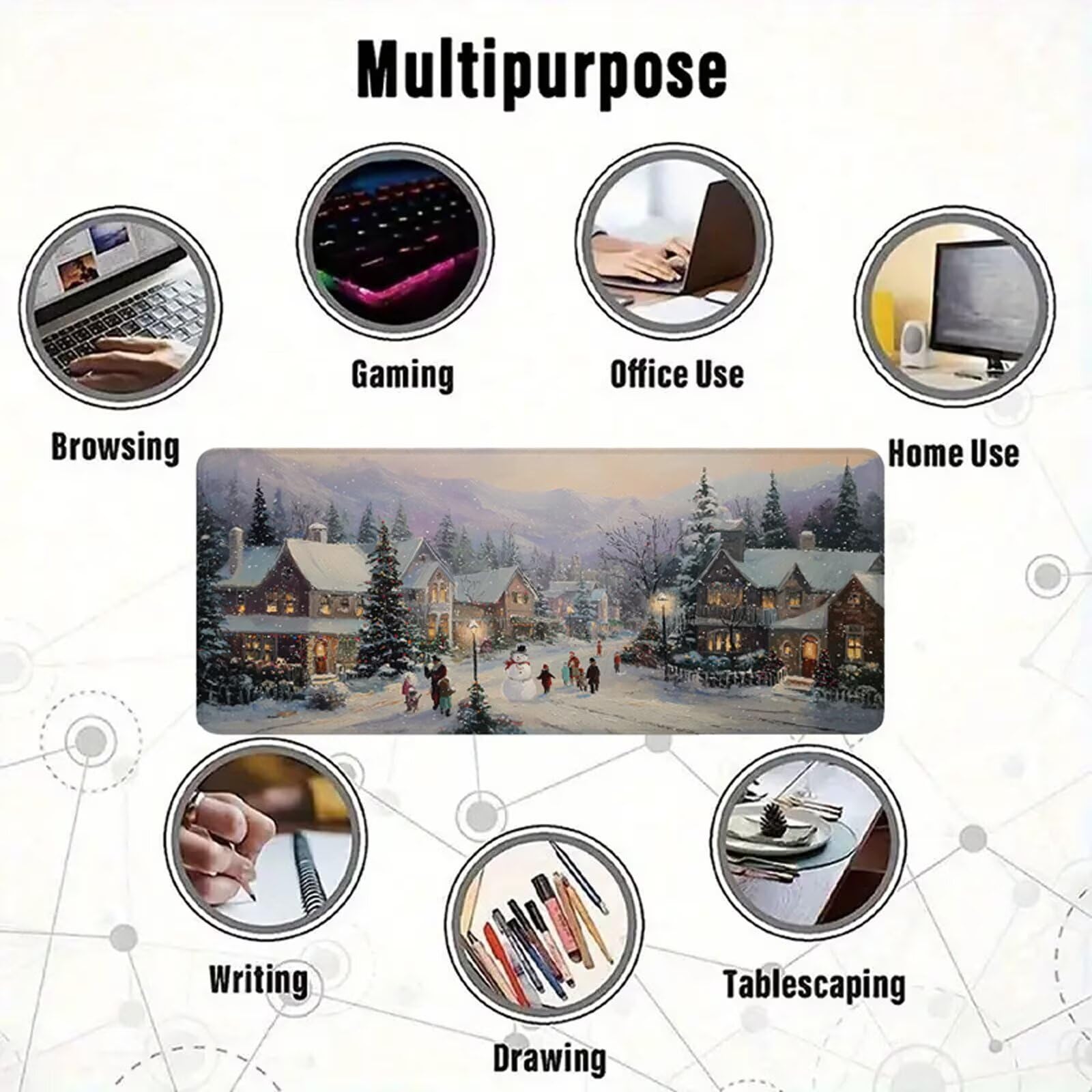 Tappetino Mouse Natale 1200x600 mm xxl Grande Inverno Tappetino Mouse Gaming Antiscivolo Sottomano Scrivania, Mouse pad Impermeabile con Bordi Cuciti Adatto a Casa, Ufficio e Sala Giochi 3Y-920