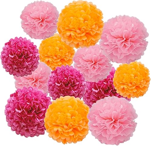 12 pompones de papel de color rojo rosa, rosa claro y naranja para colgar en la pared del techo de fiesta, decoración de flores de seda, 3 colores