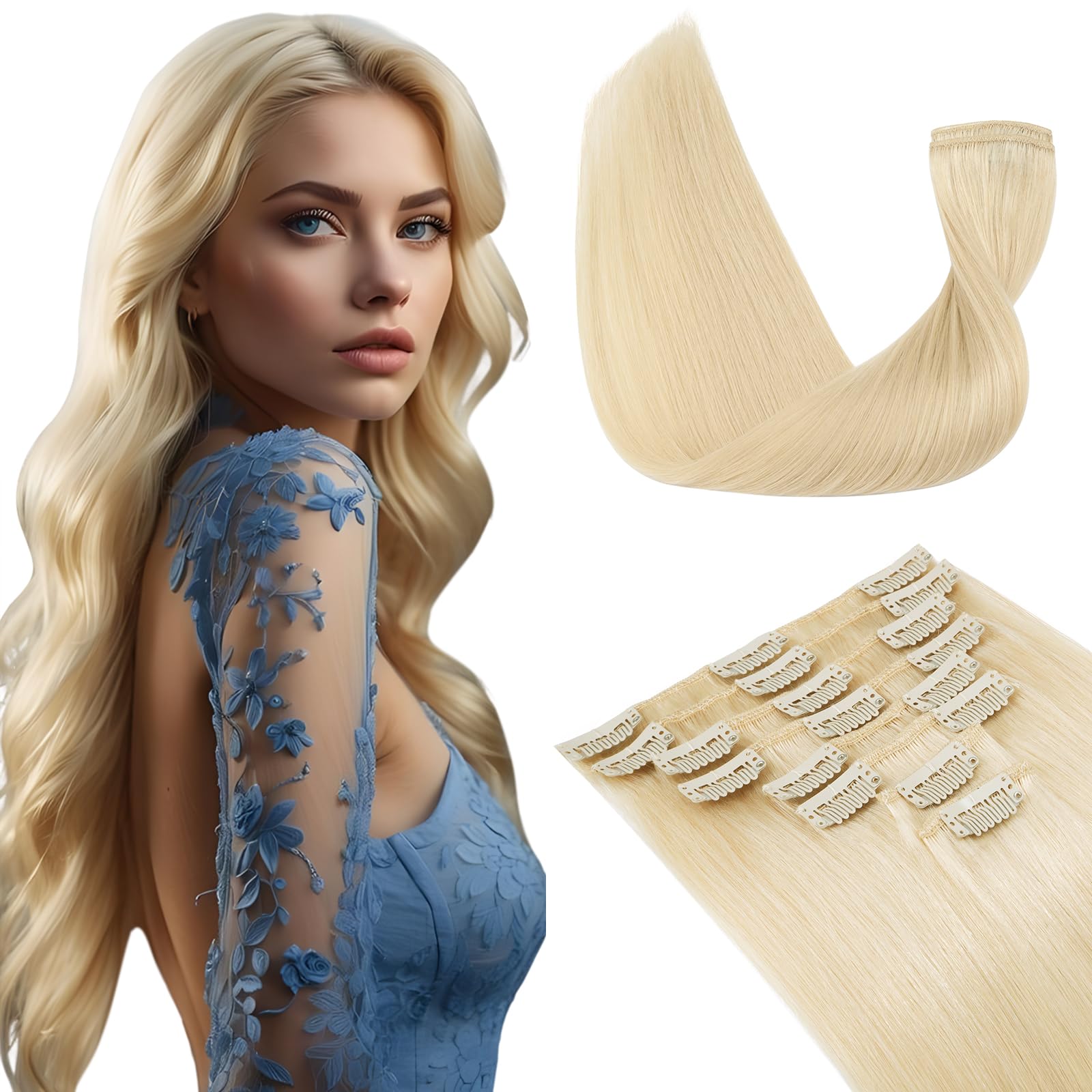 Elailite Clip in Hair Extensions Real Hair Blonde Natural Human Hair, 8 Pieces (Thin Weft) Straight, #613 Bleach Blonde
